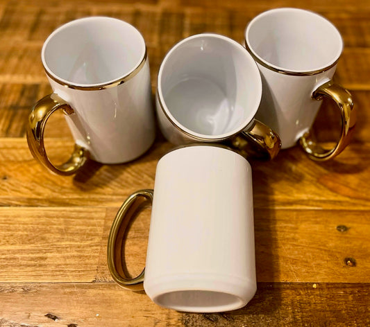 14 OZ Sublimation Blank Mugs, White with Gold Rim And Gold handle (Set of 4 Mugs)